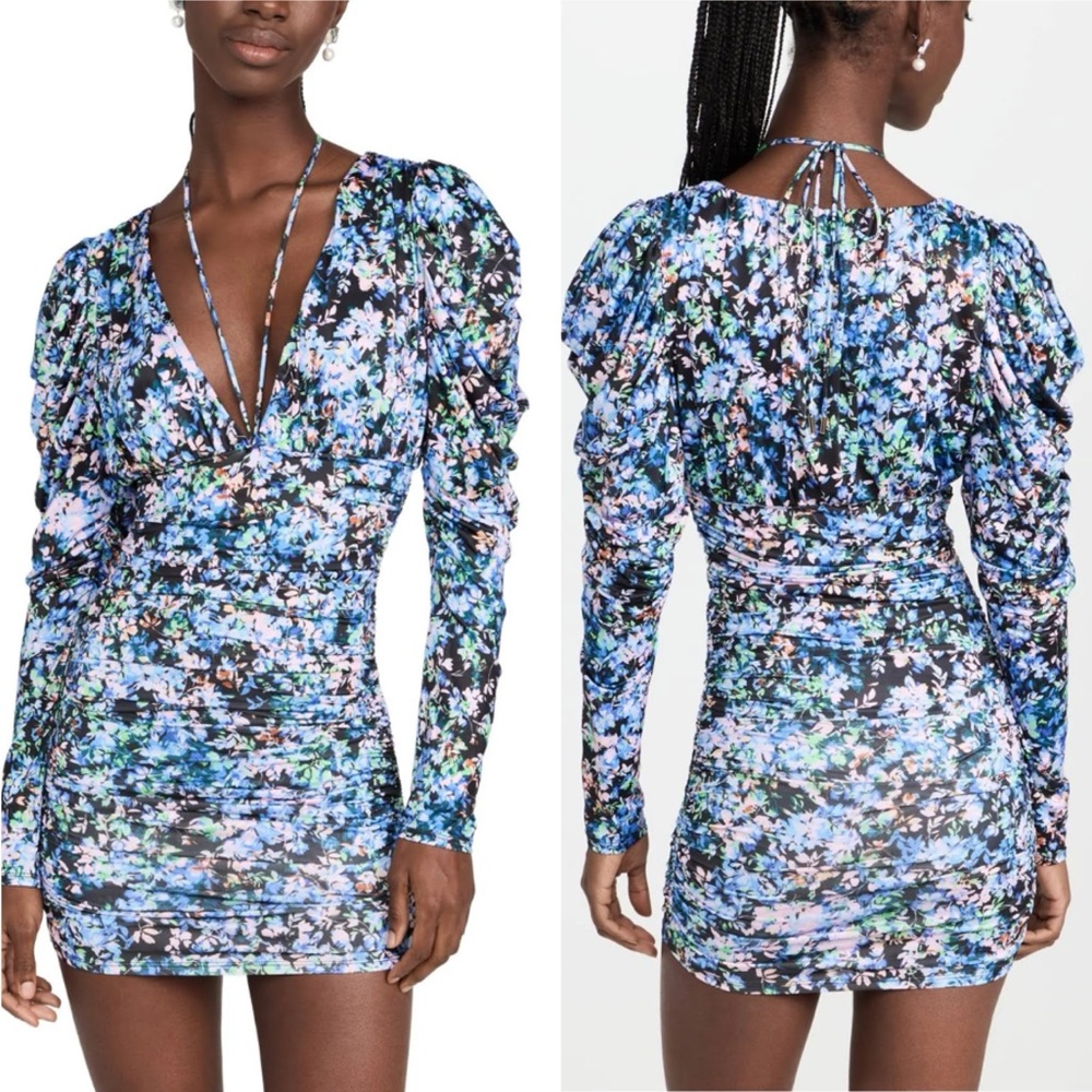 AFRM NWT Macey Floral Deep VNeck Long Sleeve Puff Drape Super Stretch Mini Dress